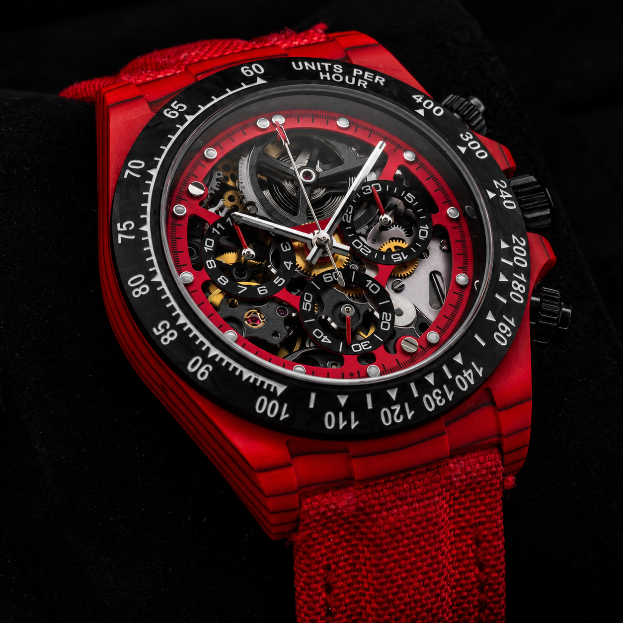 Red skeleton chronograph design, viewed up close