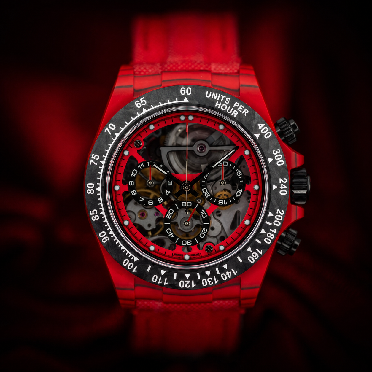 Bold red skeleton chronograph with an open dial and red textured strap